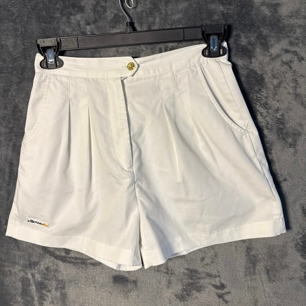 VTG 1980s Ellesse White Pleated Tennis Shorts Gold Button Women’s 42 IT/ 8 US